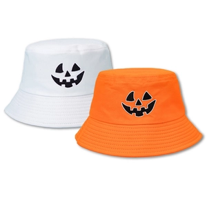Halloween Pumpkin Face Embroidered Bucket Hat Cotton Wide Brim Fisherman Cap Party Costume For Unisex Adults
