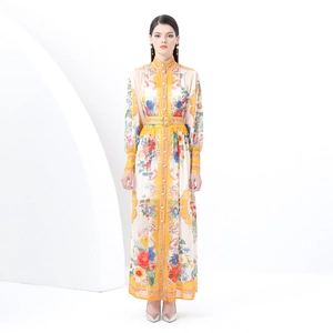 Elegant Vintage Floral Print Maxi Dress With Stand Collar Lantern Sleeves And Belt Polyester Long Dress For Women