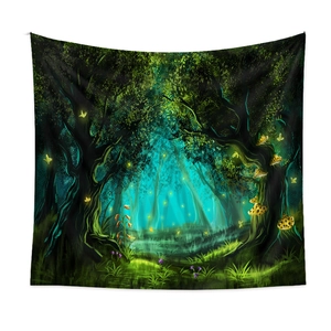 Detailed view of fantasy forest tapestry with glowing mushrooms and fireflies decor