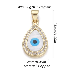 Detail showing dimensions and weight of 18K gold-plated teardrop pendant with evil eye