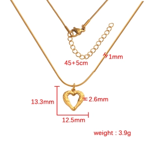 Detailed view of gold heart pendant necklace with dimensions 13.3mm and snake chain size
