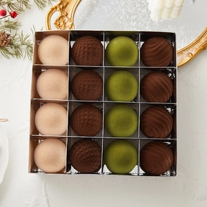 Set of 16 flocked Christmas ornaments in various textures and neutral earth tones