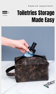 Detail of large capacity PU leather toiletry bag showing internal storage for cosmetics