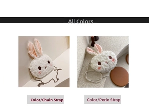 Detail view of white rabbit plush bag with pearl strap and chain strap options