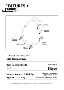 Detailed specs of S925 sterling silver beaded bracelet with purple crystal charms