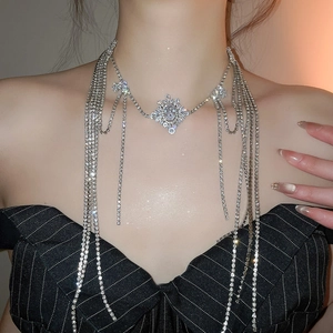 Close-up of sparkling silver rhinestone tassel necklace with geometric floral center