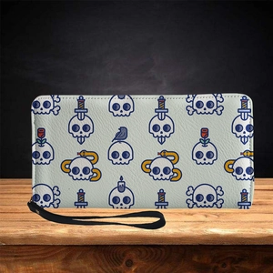 White faux leather long wallet with skull and rose print and black wrist strap