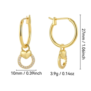 Elegant gold heart drop earrings with zircon inlay and product size specifications