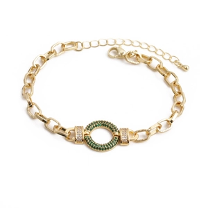 Hip Hop gold chain bracelet for men with green and clear zircon inlaid circular link