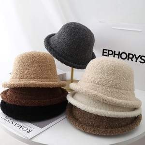 Women Winter Faux Lamb Wool Bucket Hat Thicker Warm Granular Velvet Rolled Edge Round Top Casual Fisherman Hat