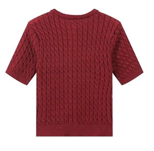 Close-up of deep red cable knit short sleeve cardigan with classic round neck detail