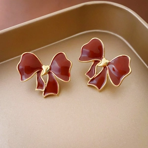 Vintage Wine Red Bowknot Stud Earrings Alloy Enamel With 925 Sterling Silver Earring Post For Women Elegant