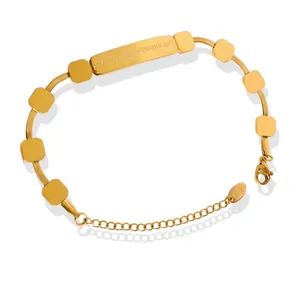 Titanium Steel 18K Gold Plated Bracelet Engraved Bar Love Message Square Beads Snake Chain Minimalist Jewelry Women