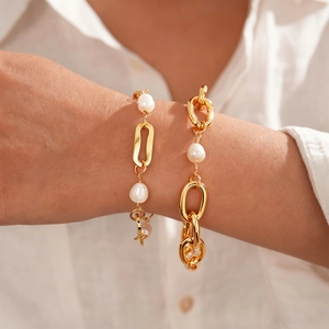Elegant 18K Gold Plated Oval Chain Bracelet With Round Imitation Artificial Pearls Retro French Style Fashion Jewelry For Women