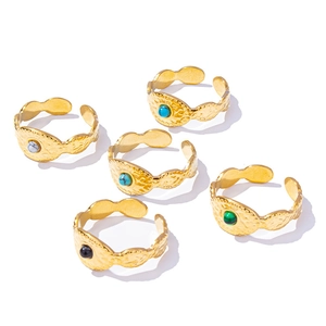 Set of 5 gold hammered 304 stainless steel adjustable rings with colorful gemstones