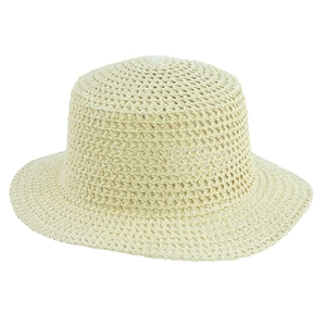 Detailed view of the hollow crochet weave pattern on a wide-brim Panama straw hat