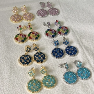 Double round zircon pavé 18k gold plated drop earrings set in multiple colors