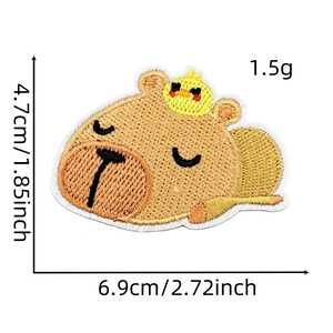 Detail of embroidered capybara patch with chicken, size 4.7x6.9cm for clothing decoration