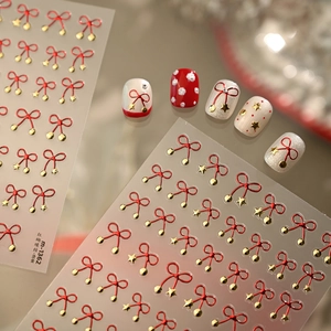 Red bow and gold star nail stickers set with festive American college style design