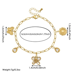Gold butterfly sunflower pendant bracelet with crystal drop and dimension callouts