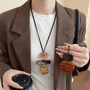 Geometric Pendant Necklace Resin Marbled Texture Long Leather Rope Sweater Chain For Women Minimalism Retro Style