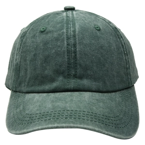 Detailed view of dark green washed cotton baseball cap with durable stitching and eyelets