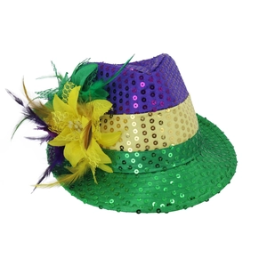 Chapeau de jazz à paillettes carnaval brésilien avec plumes violet or vert pour fête