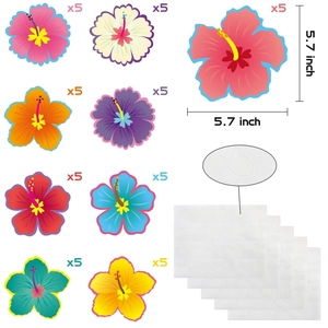 Detailed size and color guide for hibiscus floral paper cutouts with dimensions and quantities