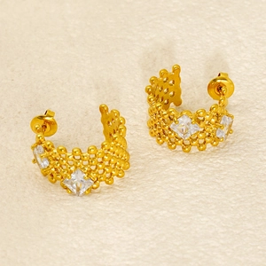 Vintage gold U-shaped stainless steel earrings with sparkling diamonds in a C-hoop design