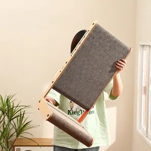 L-shaped cat scratcher in high-density corrugated paper with a wood frame for large cats