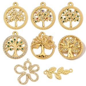 Tree Of Life Flower Leaf Pendant Charms Stainless Steel Rhinestone Zircon For DIY Jewelry Making French Vintage Round Colorful