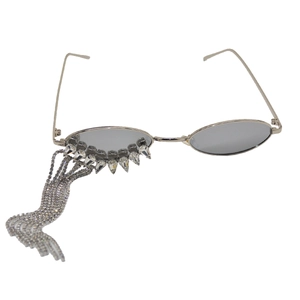 Elegant silver oval sunglasses with sparkling crystal fringe and metallic frame detail