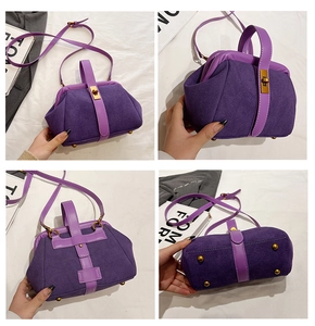 Detailed four-way view of purple vintage shell bag with gold hardware and bottom studs