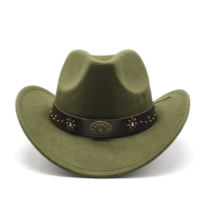 Detailed view of olive green wool felt cowboy hat with leather band and vintage ornaments
