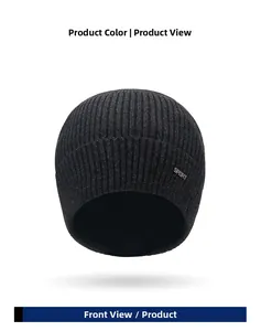 Detail of gray knitted winter beanie with Sport metal badge and ribbed texture