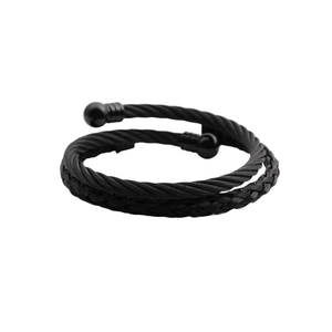 Black double-layer twisted cable stainless steel bangle with roman numeral details