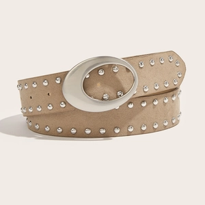 Ceinture vintage en daim kaki avec rivets et boucle ovale argentée pour robes chic
