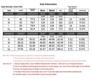 Size chart detail for women's loose polo shirt dress with cm and inch measurements