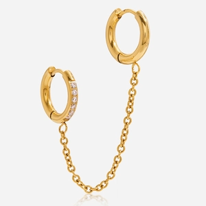 Boucles d'oreilles doubles en acier inoxydable doré 18K avec chaîne et zircons cubiques
