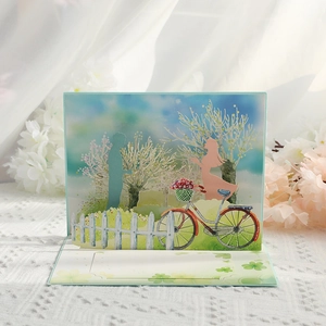 3D pop-up card with romantic cherry blossom tree, silhouettes, and floral bicycle decor