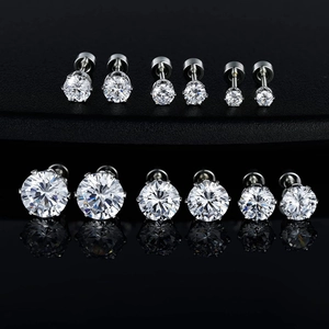 Three pairs of silver stainless steel stud earrings with round cubic zirconia in varied sizes