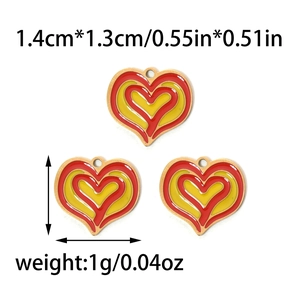 Detail of red and yellow enamel heart pendants with dimensions 1.4cm by 1.3cm