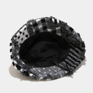 Thick vintage checkered fuzzy bucket hat with frayed edges and adjustable inner drawstring