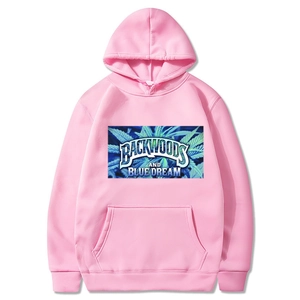 Detail of pink hoodie featuring Backwoods and Blue Dream graphic print with kangaroo pocket