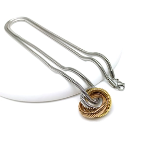 Trendy stainless steel snake chain with interlocking gold, silver, and rose gold ring pendant