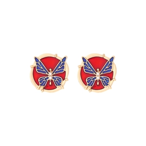 Minimalist red and blue butterfly stud earrings with gold plating and small pearls