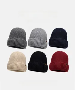 Detailed grid showing six assorted ribbed knit beanie colors with small brown labels