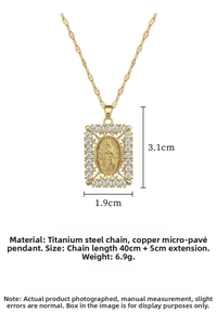 Detail of Virgin Mary portrait pendant with white zircons and titanium steel chain dimensions
