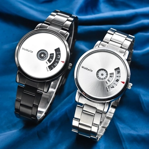 Minimalist spinning dial watch with metallic steel strap for men and women