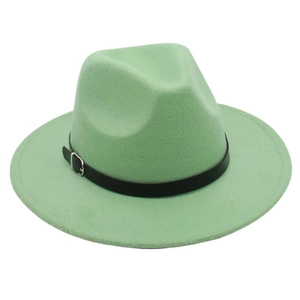 Close-up of mint green felt fedora with black leather band and silver buckle detail